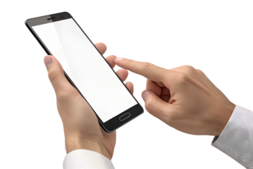 Man touching smartphone with blank screen in hand on transparent background