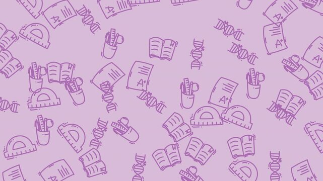 Doodles of school supplies on lilac background suitable for educational designs, stationery products, prints, school projects, and digital presentations.