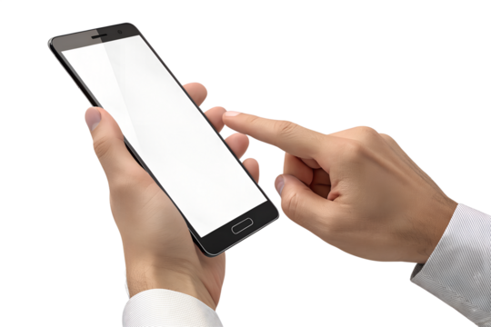 Man touching smartphone with blank screen in hand on transparent background