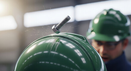 Metal bolt falling toward green safety helmet demonstrating workplace hazard concept
