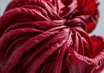 Intense macro detail of deep crimson dried hibiscus flower petals texture and form.