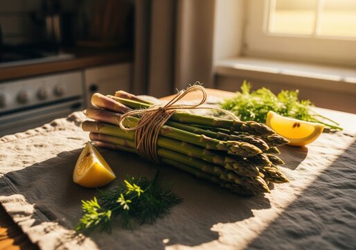 Bundle of fresh green asparagus tied with twine and lemon slices on a rustic kitchen table in warm sunlight.