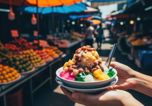 Close up of hands holding a colorful bowl of asian shaved ice dessert with beans and jelly at a busy street food market - Powered by Adobe