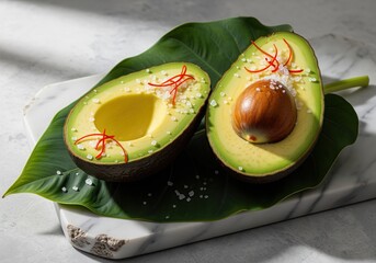 Perfectly halved ripe avocado seasoned with sea salt and chili on a marble surface.