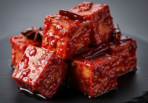 Gourmet chinese fermented bean curd cubes coated in spicy red chili sauce