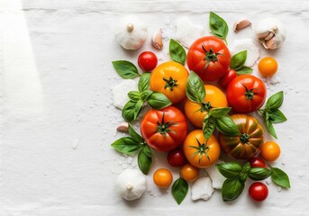 Gourmet italian ingredients composition with fresh heirloom tomatoes, basil, and garlic
