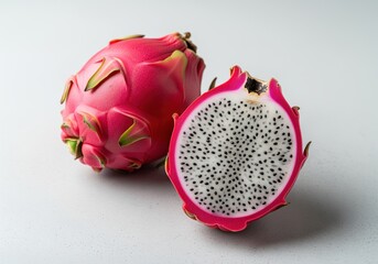 Exotic whole red pitaya and a slice showing white flesh and black seeds
