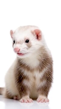 A seated ferret displays soft, patterned fur and a pink nose against a white background