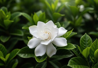 Pristine white gardenia bloom centered among dark green tropical foliage