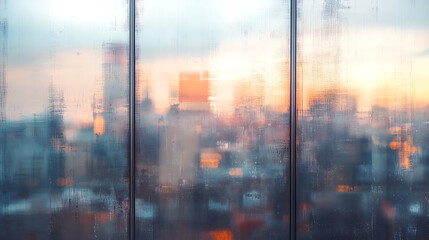 Abstract metropolis sunset reflects on a glassy facade with water streaks and muted color