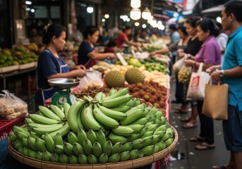 Large display of green banana bunches for sale at a busy asian outdoor street market
