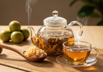Healthy herbal tea brewing in a glass teapot with monk fruit sweetener and fresh green fruit