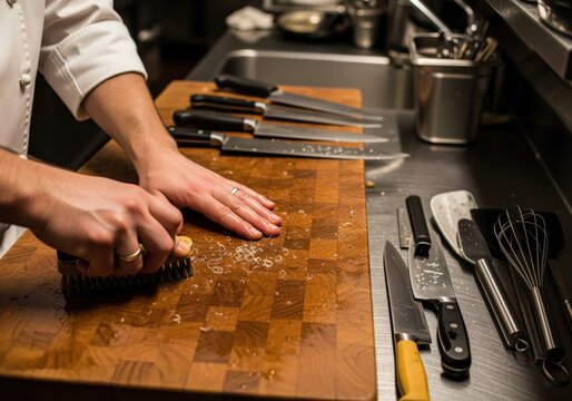 Professional chef cleaning wooden cutting board and knives in a commercial kitchen - Powered by Adobe