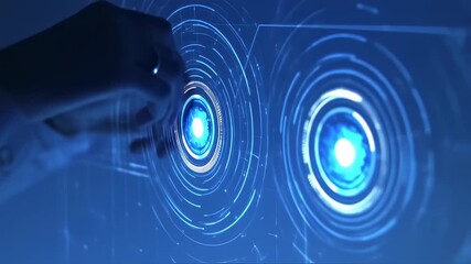 A person's hands interact with a digital interface with glowing blue concentric circles - Powered by Adobe