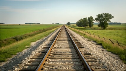 Straight railway track stretching into the horizon through open green fields under a clear sky, symbolizing travel and journey
