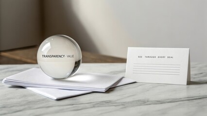 Clear Glass Sphere Symbolizes Transparency and Value with Business Cards on Marble Surface