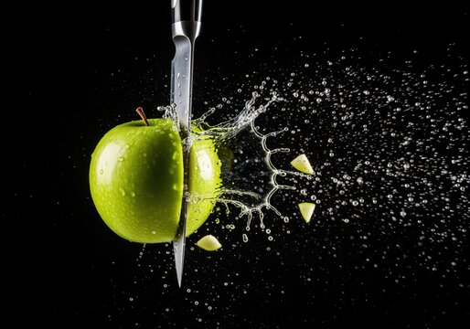 High speed action shot of a fresh green apple being cut by a knife splashing water