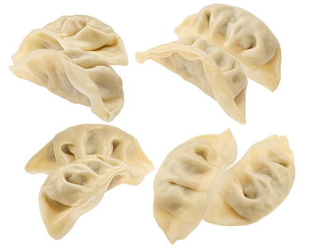 photograph of four pairs of traditional raw korean mandu, chinese jiaozi, or japanese gyoza dumplings isolated on a transparent alpha background.