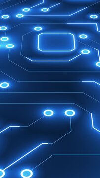 A modern vertical motion graphic featuring a digital circuit board path with glowing blue lines shown in a 3D perspective, great for virtual travel concepts in stories.
