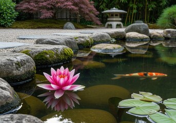 Tranquil japanese garden pond featuring a pink water lily, koi fish, and stone lantern.