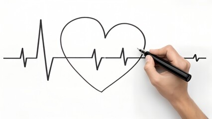 Minimalist black and white illustration of a heart shape integrated with an ECG heartbeat line, being drawn by hand with a black pen