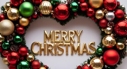 Merry christmas text with colorful ornaments and pine cones forming a heart shaped wreath on white background
