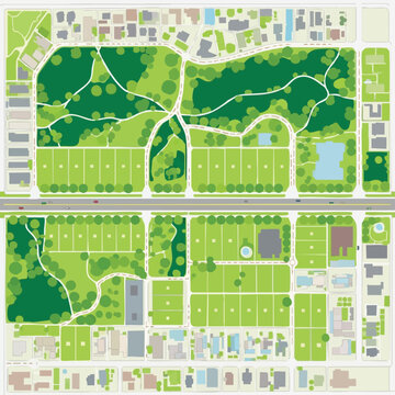 A clear overhead vector map illustrates a modern urban layout, showcasing a large green park, multiple sports fields, residential zones, and main roads.