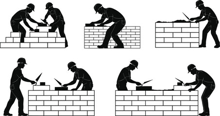Masonry construction process, bricklayer worker silhouette laying bricks with trowel and mortar, building wall foundation, building trade occupation, professional craftsman.