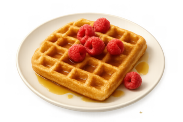 Waffle with fresh raspberries and maple syrup on a plate, representing a sweet breakfast or dessert, transparent background