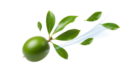 Vibrant green olive with fresh leaves dynamically arranged, symbolizing natural essence and healthy organic produce, isolated on a clean white background for culinary concepts