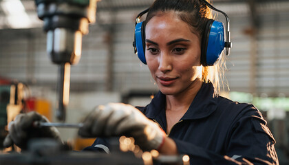 Female factory worker wearing blue ear protection while operating industrial machinery