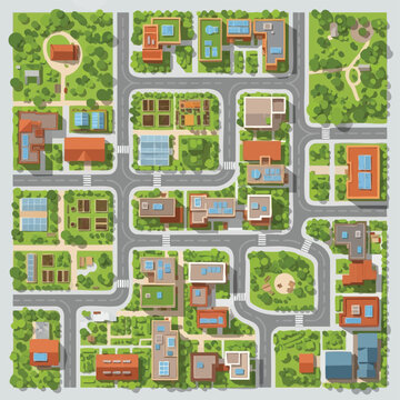 An intricate aerial illustration showcasing a vibrant, sustainable urban landscape with diverse residential buildings, green spaces, and well-planned infrastructure.