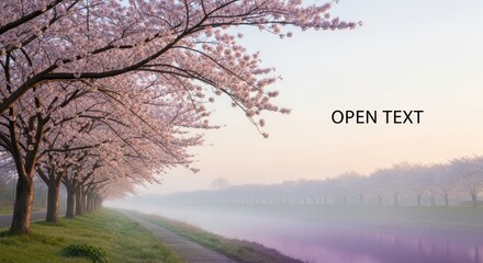 Serene cherry blossom avenue bordering a tranquil river at dawn or dusk