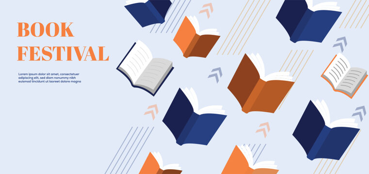 A vibrant book festival background with floating open books and text - Powered by Adobe