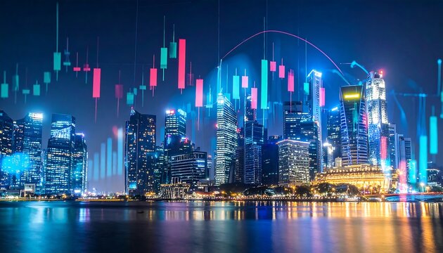 Nighttime Skyline with Stock Market Overlay - A Financial Metropolis.