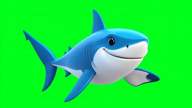 A cheerful cartoon shark with a friendly expression swimming against a bright green background