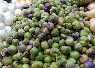 Tomatillos in market with husks partially open, green tomatillos concept