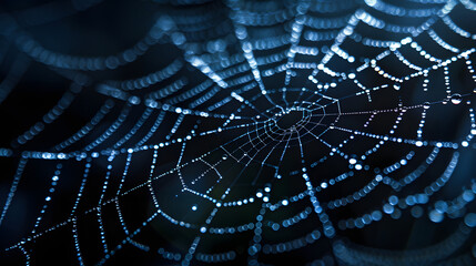 Naklejka premium Close-up of a spider web glowing with tiny droplets