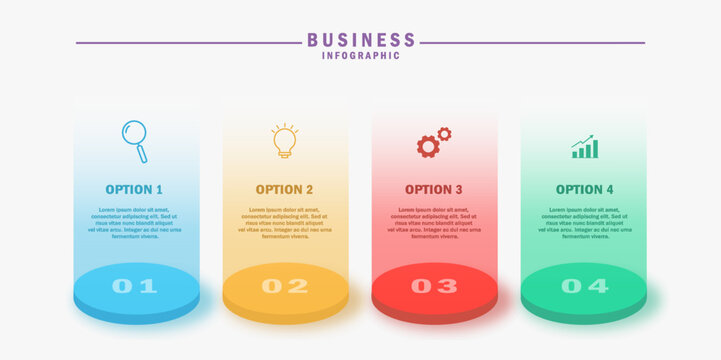 Colorful business infographic with 4 steps or options. Modern design with icons, rounded shapes, and clean layout for presentation, workflow, timeline, or process visualization