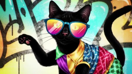 Cool Black Cat with Sunglasses Posing in Front of Graffiti Art.