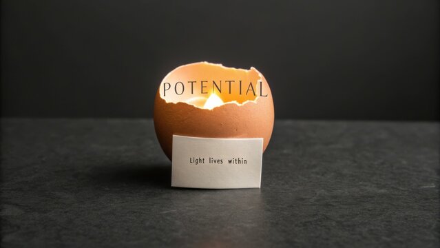 Conceptual Image of Eggshell with Light and Words Representing Growth, Hope, and Potential in Artful Photography