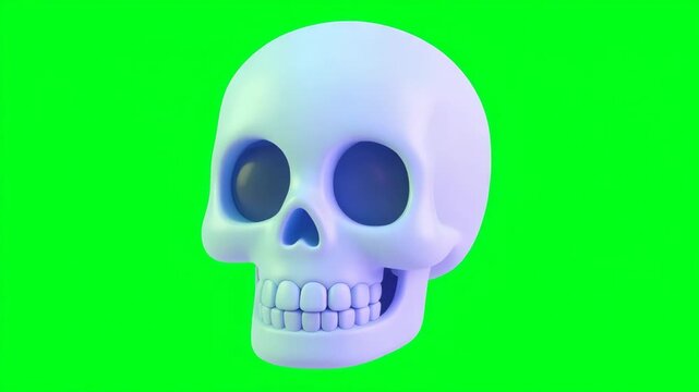 A realistic white skull with hollow eye sockets and a detailed jawbone set against a vibrant green background