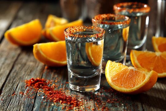 Mezcal shots with orange slices and chili powder on rustic wooden table