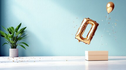 A golden balloon shaped like the number 0 is floating out of an open box, with confetti scattered around it.