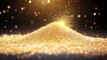 A dynamic close-up shot captures a cascade of golden glitter particles erupting from a mound of shimmering gold dust, set against a dark backdrop adorned with s