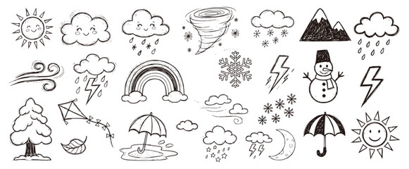Obraz premium Doodle collection of weather icons and climate elements: sun, smiling clouds, rain, snow, thunder, rainbow, snowman, and wind, perfect for educational or forecast design.