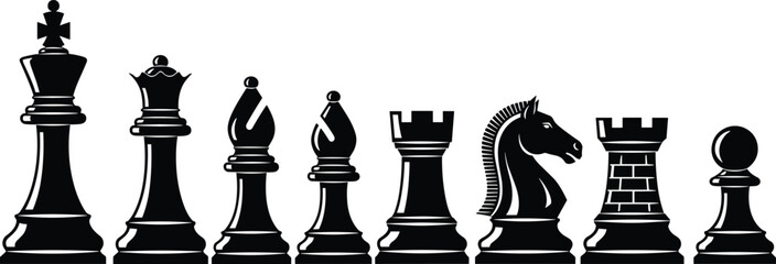 Chess piece silhouette set, black vector collection of king queen bishop knight rook pawn, isolated game icons for strategy logo design, board competition symbol.