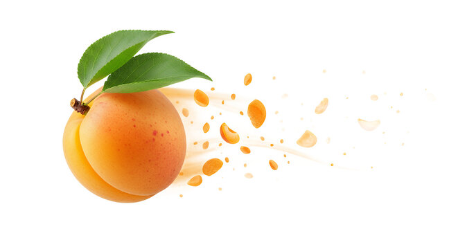 Juicy ripe apricot with leaves, splashing juice and pieces of fruit, isolated on a white background, representing freshness and natural goodness