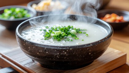 A steaming bowl of traditional Korean rice porridge (juk) garnished with fresh green onions, served on a wooden board.