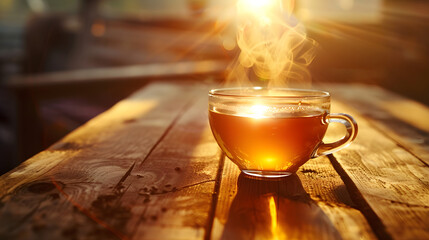 Close-up of a steaming cup of tea on a rustic wooden